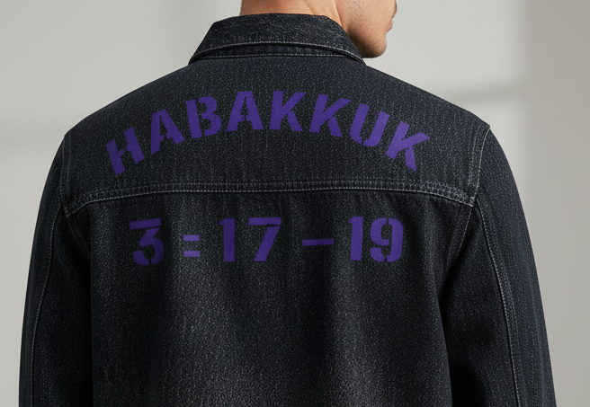 Black denim jacket with 'HABAKKUK 3-17-19' text on the back against a gray background