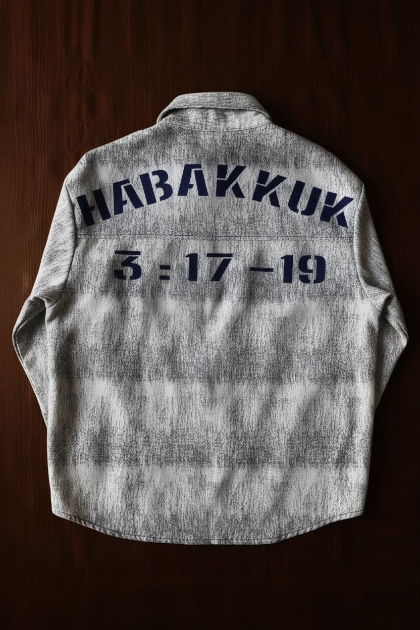 Gray shirt with text on the back against a dark background