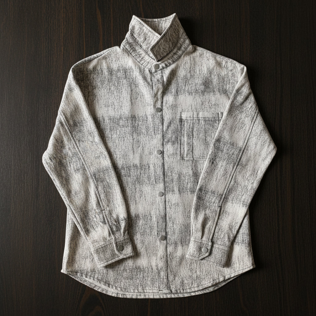 Gray button-up shirt on a dark wooden surface