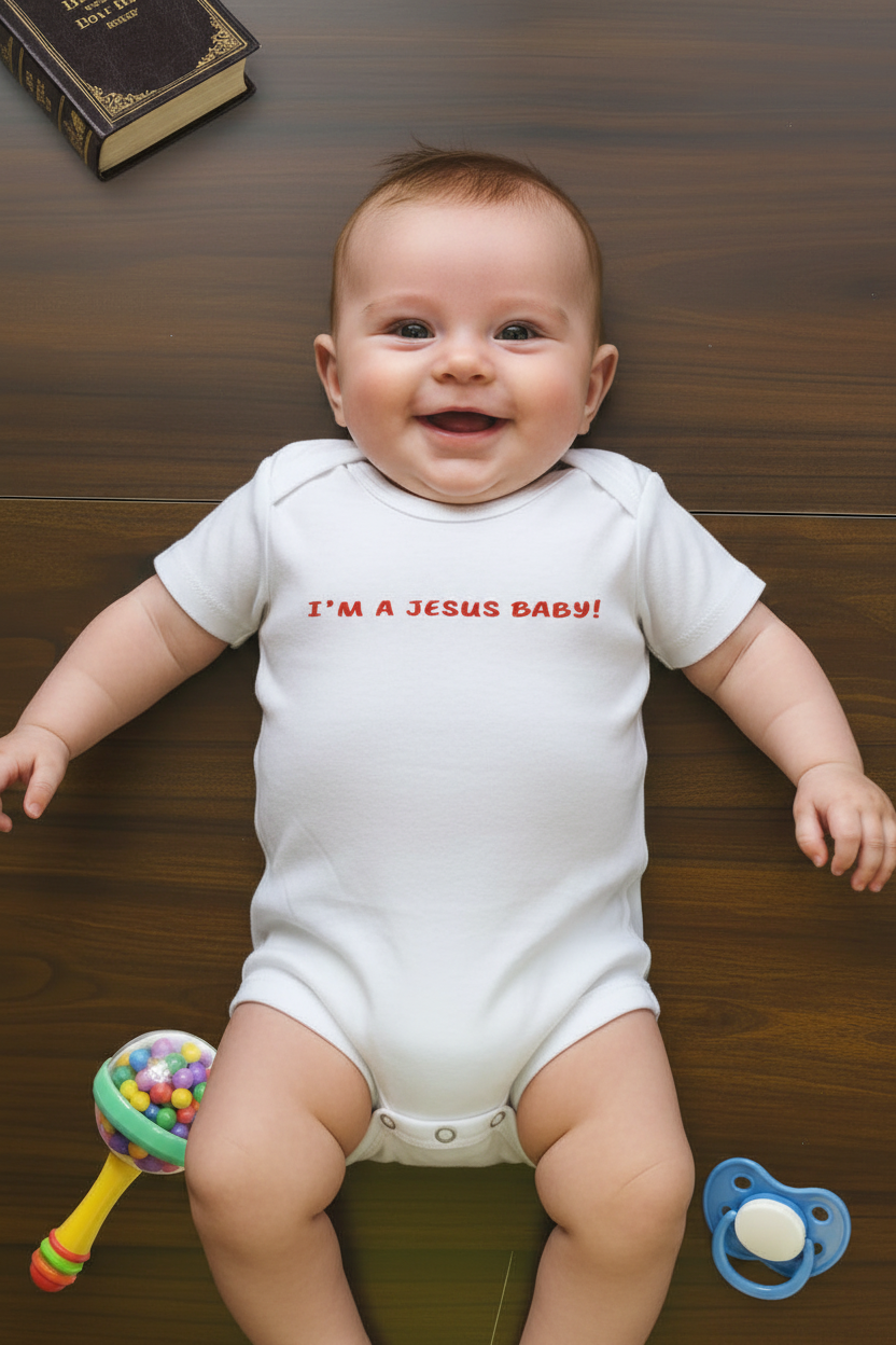 Baby wearing a white onesie with 'I'm a Jesus baby!' text, lying on a wooden floor with toys around.