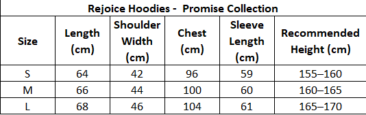 Table displaying dimensions of Rejoice Hoodies in the Promise Collection for sizes S, M, and L.