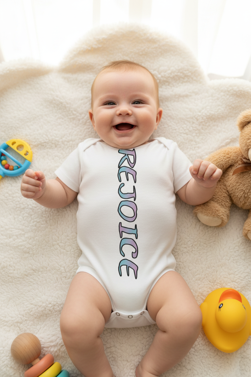 Baby wearing a 'REJOICE' onesie surrounded by toys on a soft surface
