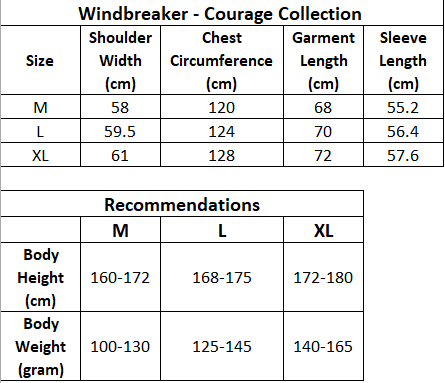 size guide for windbreaker jacket from M,L,XL and differences body height and weight.