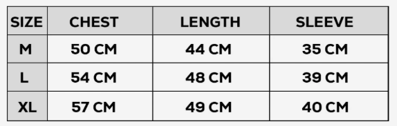 Size chart for clothing with chest, length, and sleeve measurements.